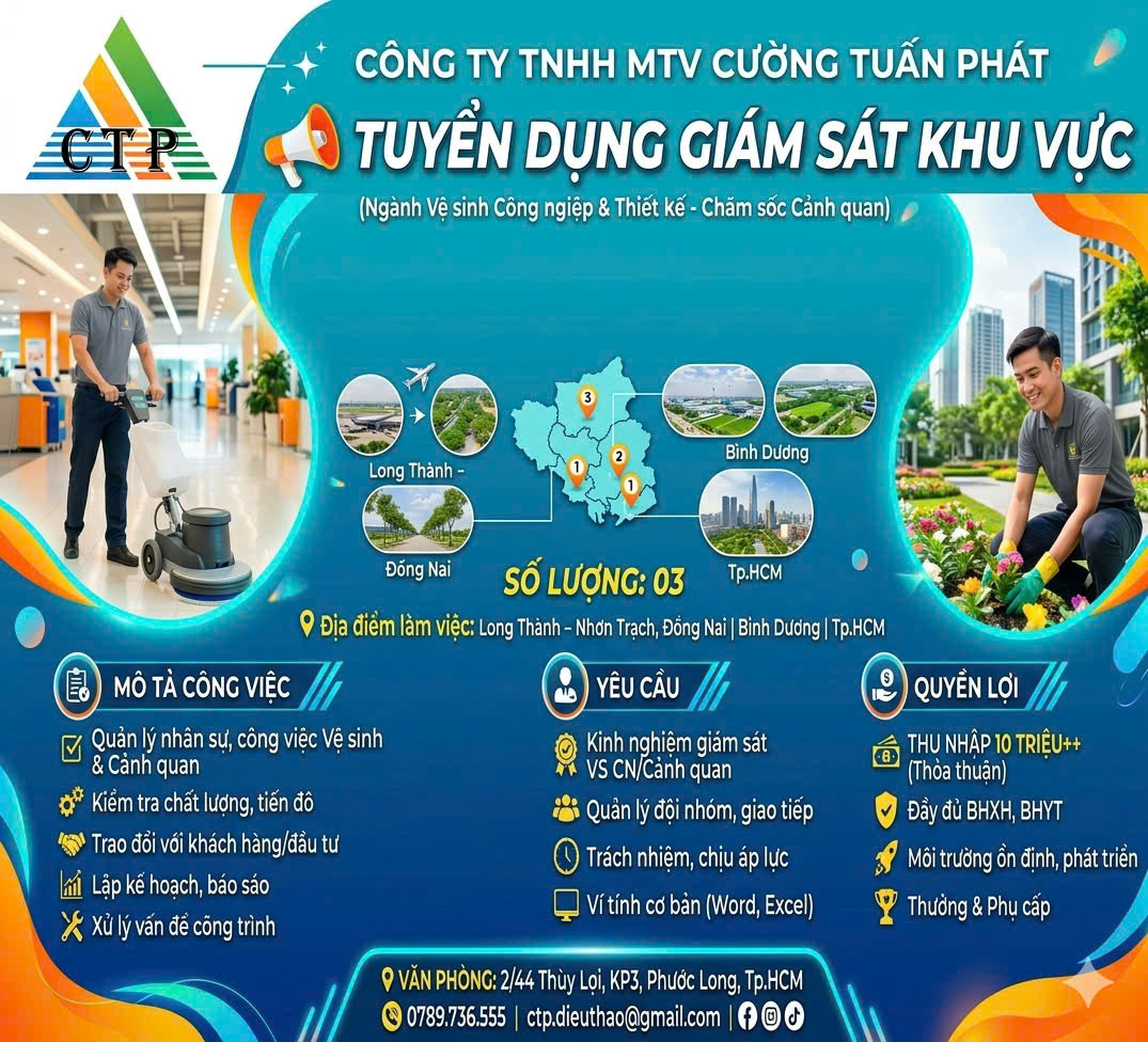 CẦN TUYỂN GẤP GIÁM SÁT KHU VỰC VỆ SINH CÔNG NGHIỆP & CẢNH QUAN